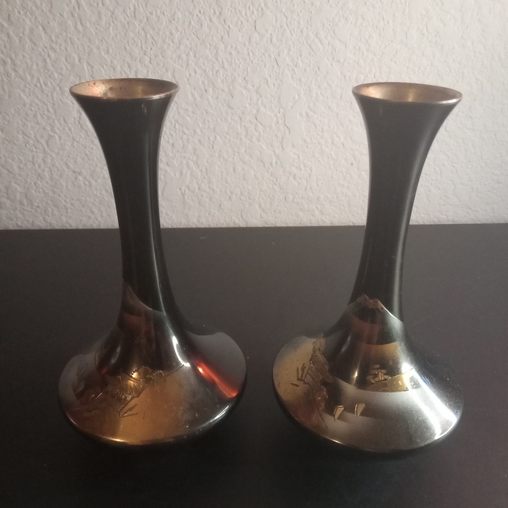 VTG Japanese 5" Brass Bud Vase with Mirror Glaze Set of 2